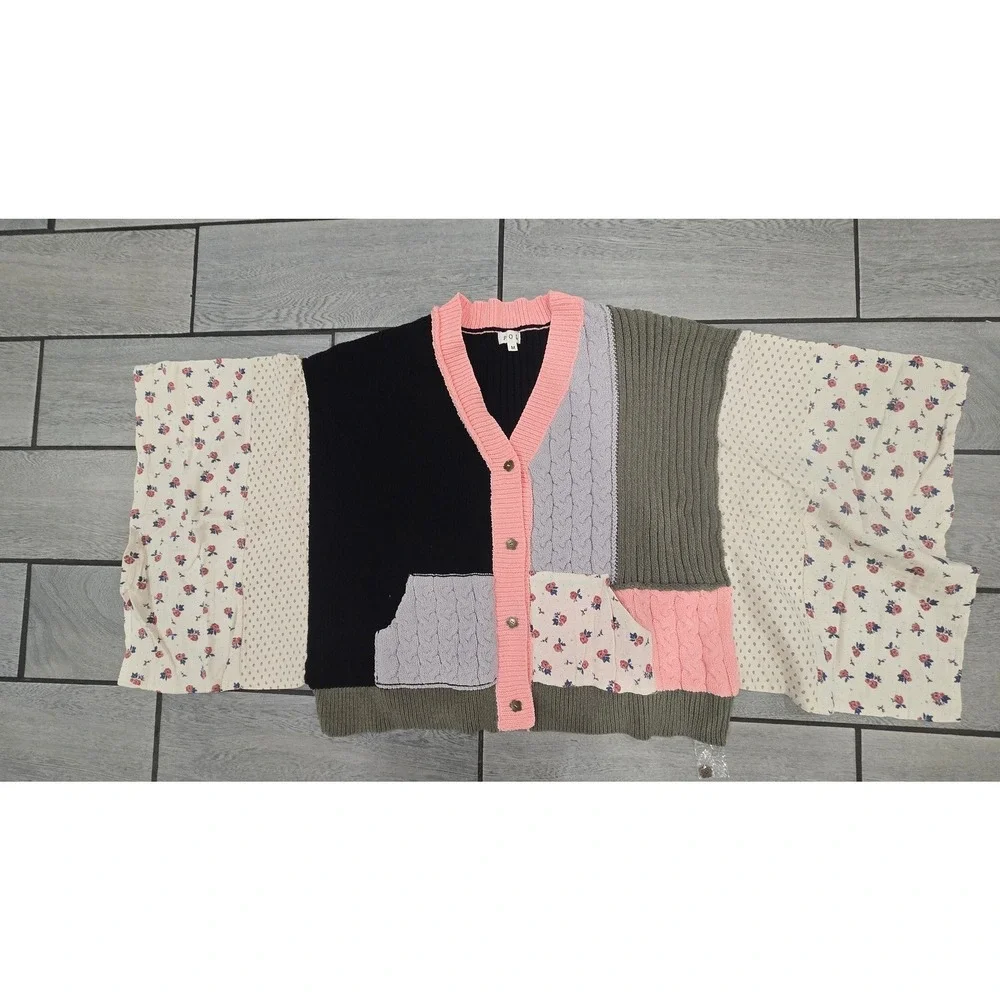 POL Patchwork Cable Knit Floral Cardigan Oversized Boho Multi Color M- NWOT